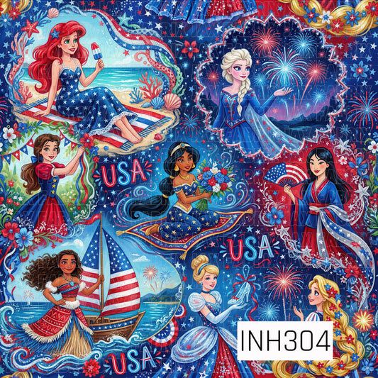 Character girls celebrating the 4th of July. one on a magic carpet, one with fireworks, one with a glass shoe, one at the beach on a towel with a popsicle one with a very long braid. all in red white and blue