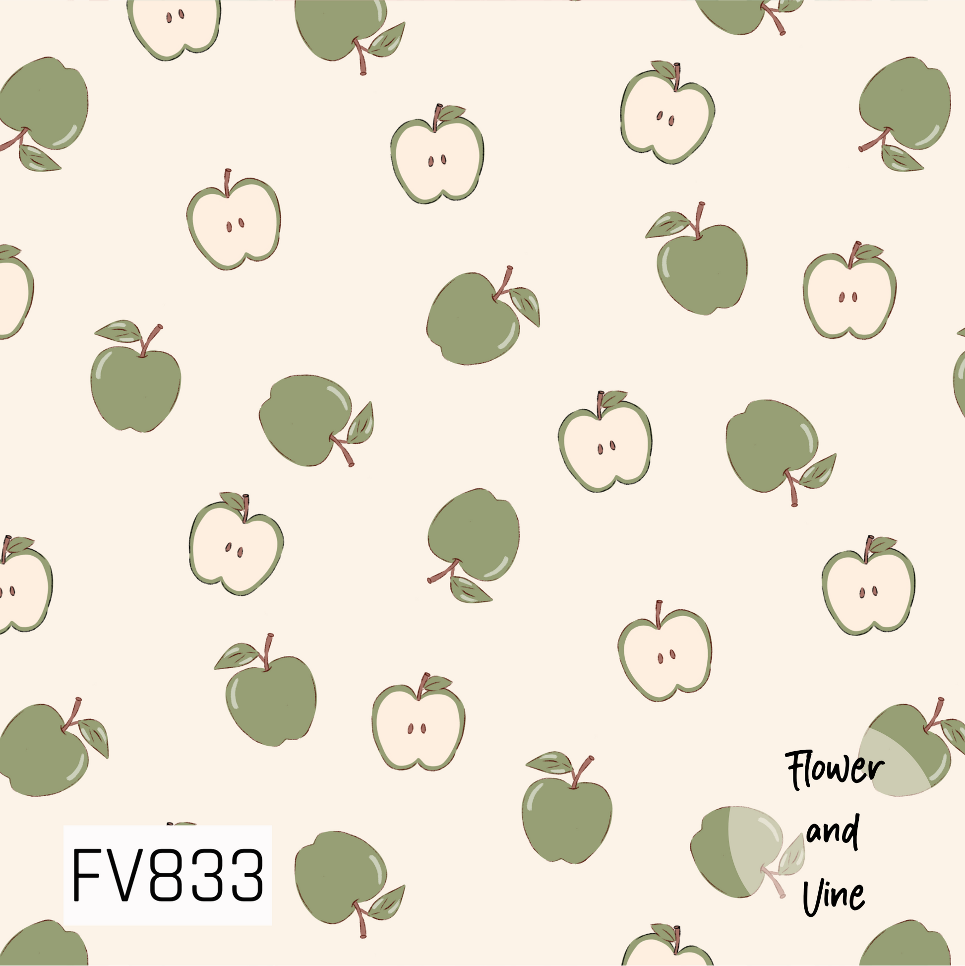 A sweet, hand-drawn apple print featuring scattered whole and sliced apples in soft sage green and cream. Delicate leaves, brown stems, and subtle sketch-style details give the design a charming, organic feel. Set against a warm ivory background, this simple apple pattern is perfect for back-to-school, teacher-inspired, fall, or everyday designs.

