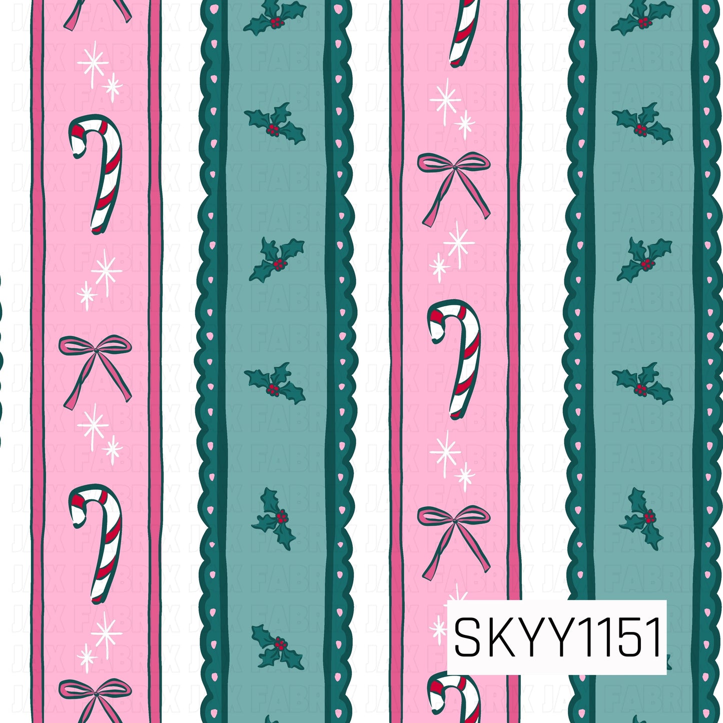 A festive striped pattern featuring alternating pink and muted teal panels decorated with candy canes, delicate bows, holly sprigs, and whimsical starbursts. Scalloped borders with tiny pink dot accents add a playful, preppy touch to the cheerful Christmas design.

