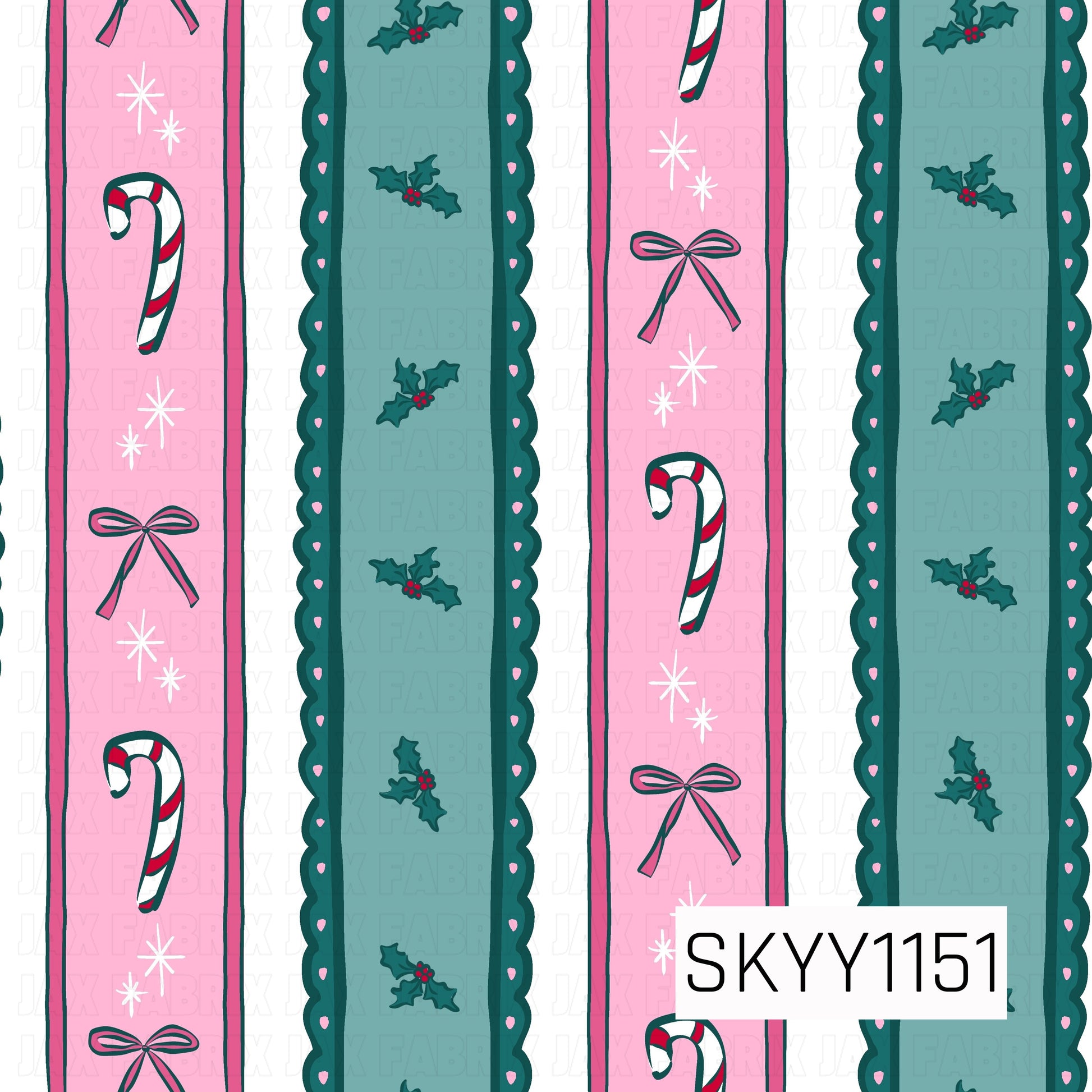 A festive striped pattern featuring alternating pink and muted teal panels decorated with candy canes, delicate bows, holly sprigs, and whimsical starbursts. Scalloped borders with tiny pink dot accents add a playful, preppy touch to the cheerful Christmas design.

