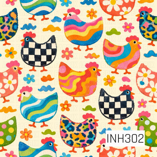 Pattern of groovy bright colorful variety of chickens and flowers on a beige background with.
chickens are black and white check, blue green white swirl, blue pink yellow and orange swirl, colorful cheetah, green with pink yellow amble dots.