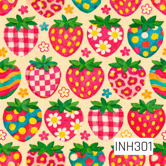 Colorful red, blue, yellow and pink groovy strawberry pattern with various designs of dots, gingham, cheetah on a beige background