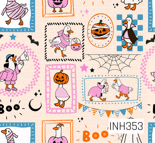 A charming Halloween pattern featuring geese dressed in playful costumes, including mummies, vampires, pumpkin disguises, and trick-or-treat outfits. The geese are displayed inside decorative frames and surrounded by festive Halloween elements such as jack-o'-lanterns, spiderwebs, bats, stars, moons, and colorful bunting. The soft cream background and pastel pink, blue, orange, black, and purple palette create a cute, whimsical Halloween vibe that is fun and family-friendly rather than spooky.
