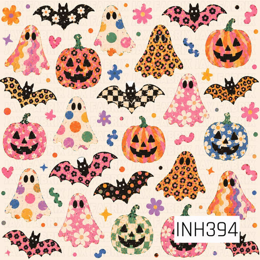A playful seamless Halloween pattern featuring cheerful ghosts, smiling jack-o'-lanterns, and whimsical bats decorated with florals, polka dots, checkerboard, leopard print, and colorful retro stripes. Scattered flowers, stars, hearts, and squiggles on a light cream background add a fun, vintage-inspired touch to this bright and festive spooky design.
