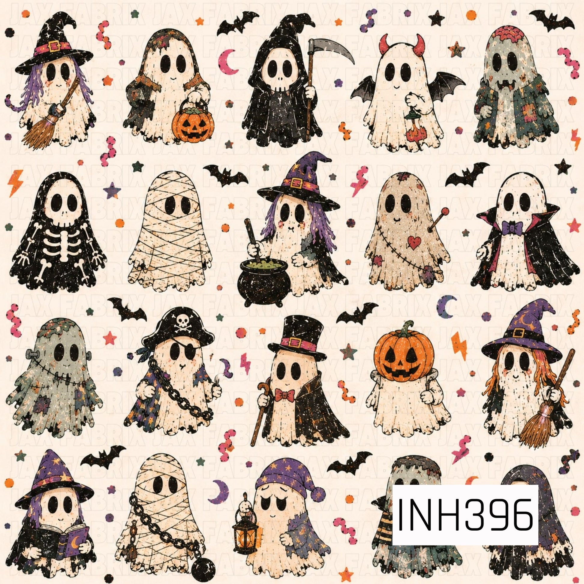 A charming seamless Halloween pattern featuring adorable ghosts dressed as witches, vampires, mummies, pirates, skeletons, grim reapers, and other spooky characters. Surrounded by bats, pumpkins, moons, stars, and festive Halloween accents on a light cream background, this whimsical design combines vintage-inspired textures with playful seasonal charm.

