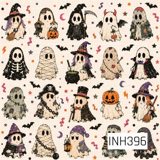 A charming seamless Halloween pattern featuring adorable ghosts dressed as witches, vampires, mummies, pirates, skeletons, grim reapers, and other spooky characters. Surrounded by bats, pumpkins, moons, stars, and festive Halloween accents on a light cream background, this whimsical design combines vintage-inspired textures with playful seasonal charm.
