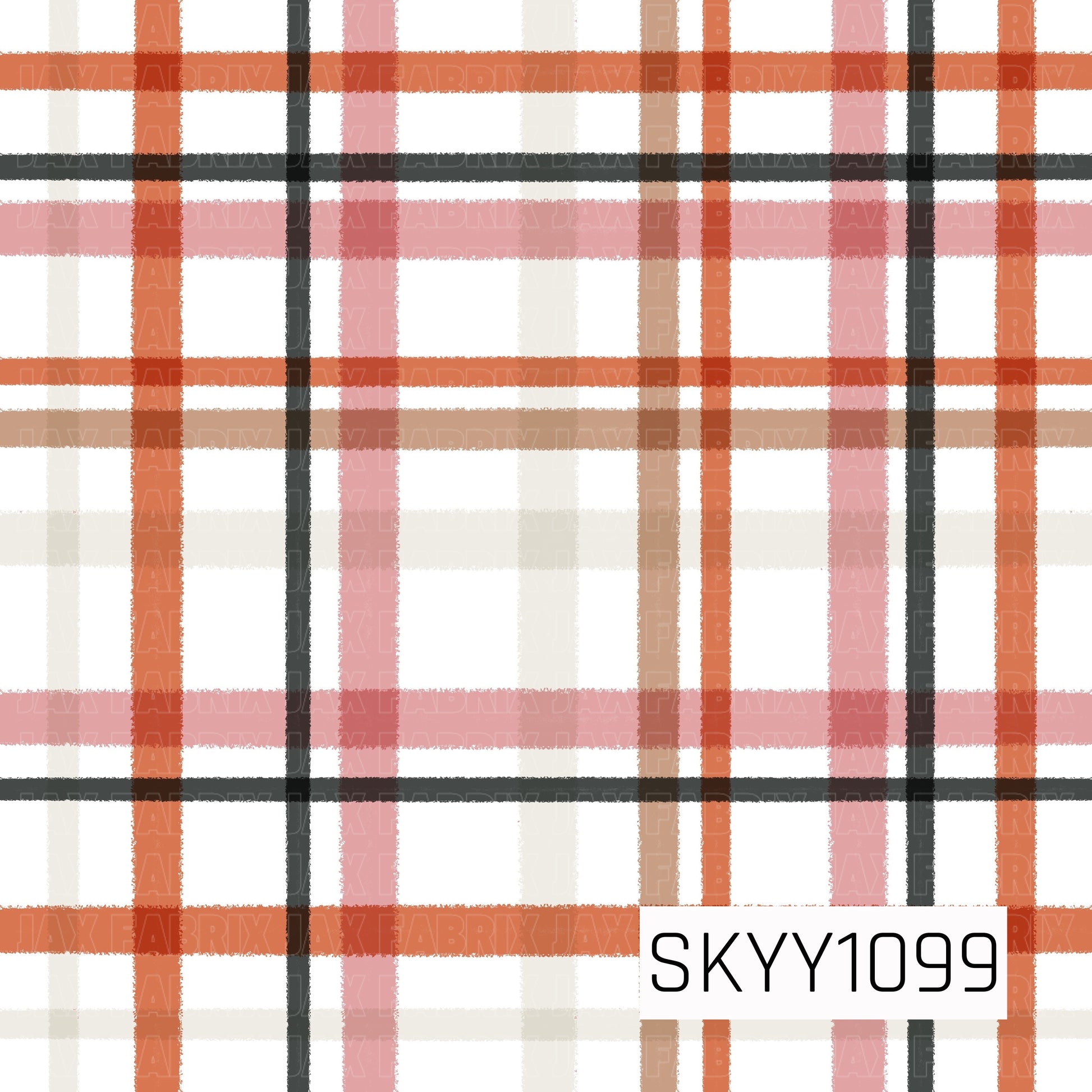 A classic seamless plaid pattern featuring intersecting stripes in soft blush pink, warm orange, charcoal gray, beige, and cream on a crisp white background. The lightly textured lines create a cozy, timeless design that blends classic plaid styling with a warm, feminine fall color palette.
