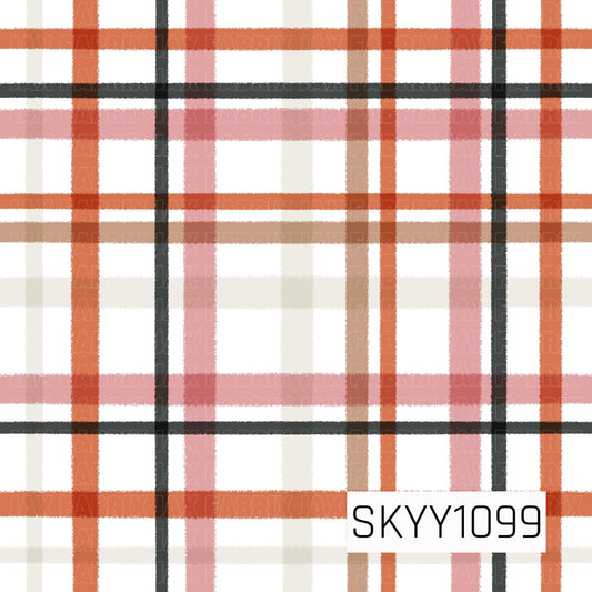 A classic seamless plaid pattern featuring intersecting stripes in soft blush pink, warm orange, charcoal gray, beige, and cream on a crisp white background. The lightly textured lines create a cozy, timeless design that blends classic plaid styling with a warm, feminine fall color palette.
