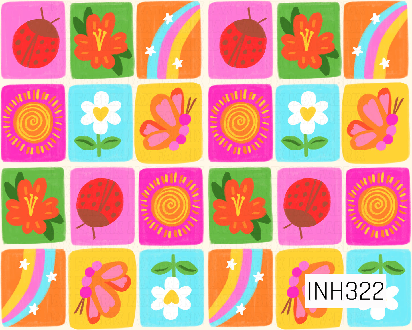 Bright retro-inspired patchwork featuring colorful squares filled with flowers, butterflies, rainbows, ladybugs, and sunshine motifs in vibrant pink, orange, yellow, green, and blue tones. A cheerful, groovy design with playful vintage charm and whimsical garden elements.
