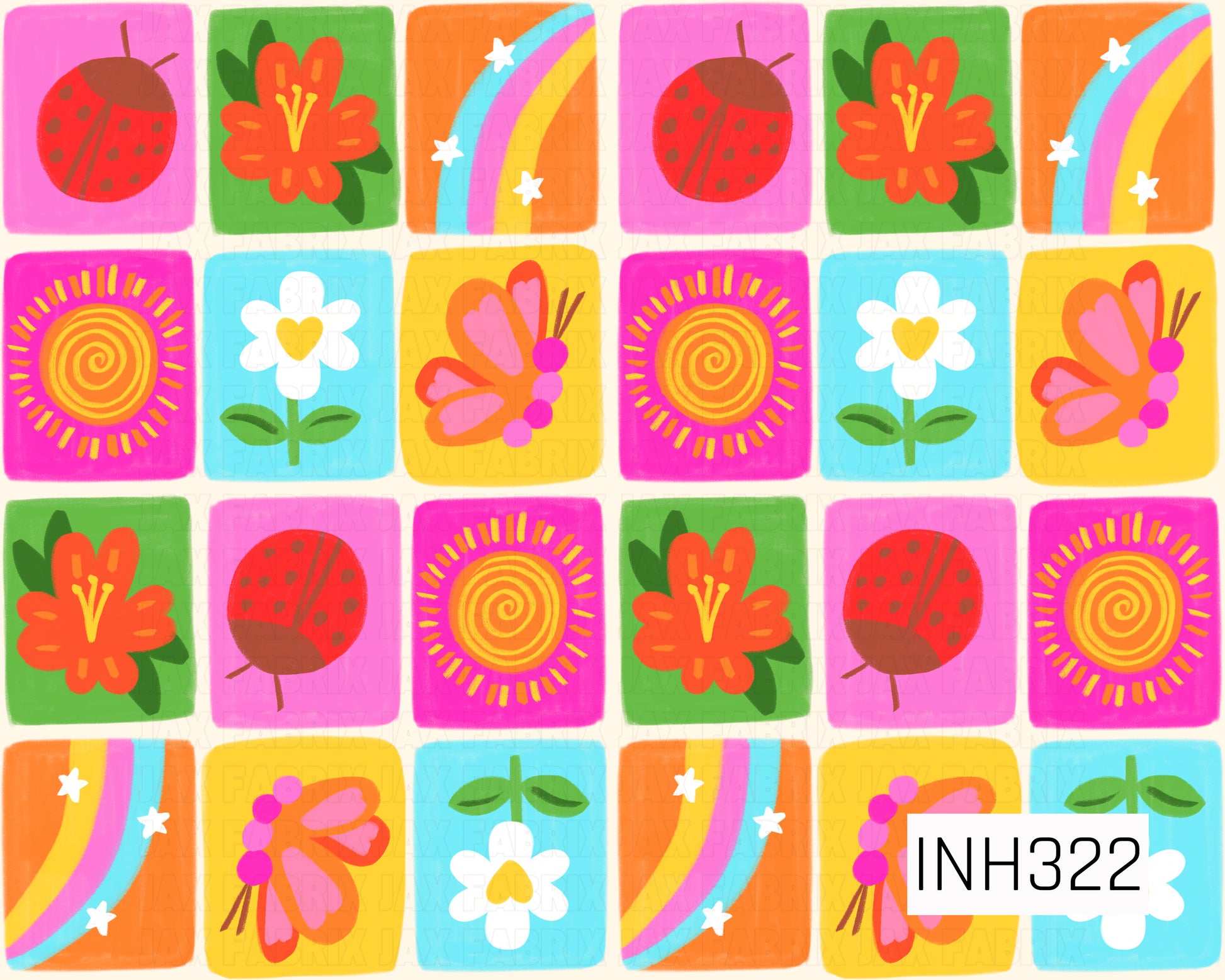 Bright retro-inspired patchwork featuring colorful squares filled with flowers, butterflies, rainbows, ladybugs, and sunshine motifs in vibrant pink, orange, yellow, green, and blue tones. A cheerful, groovy design with playful vintage charm and whimsical garden elements.
