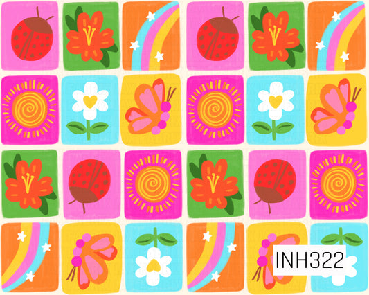 Bright retro-inspired patchwork featuring colorful squares filled with flowers, butterflies, rainbows, ladybugs, and sunshine motifs in vibrant pink, orange, yellow, green, and blue tones. A cheerful, groovy design with playful vintage charm and whimsical garden elements.
