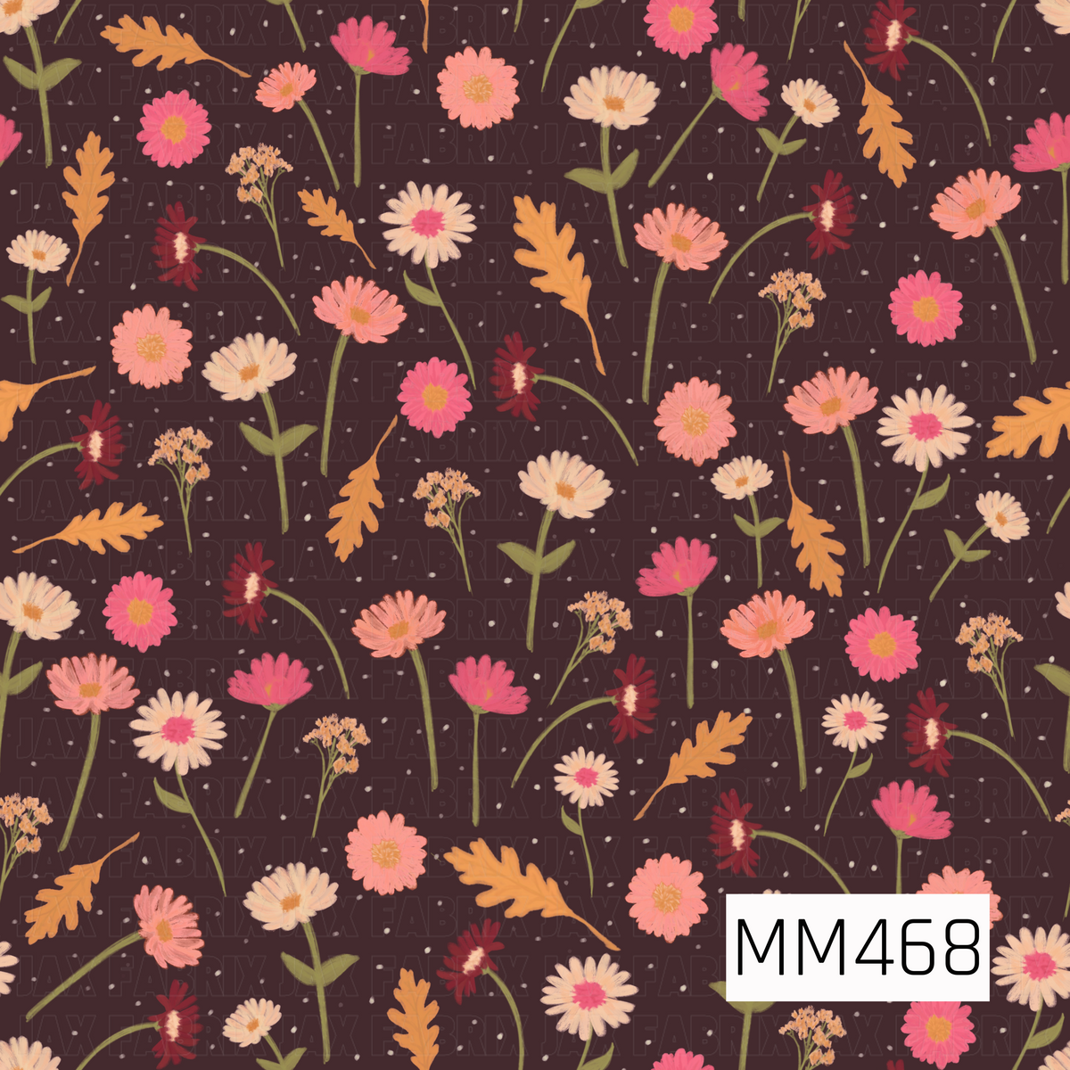 A whimsical fall wildflower pattern featuring scattered hand-painted blooms in coral, bright pink, soft cream, peach, and deep burgundy. Slender olive green stems and leaves are mixed with golden orange oak leaves and delicate sprigs, all arranged loosely across a rich chocolate brown background. Tiny cream speckles scattered throughout add a soft, textured touch and give the design a cozy, vintage-inspired autumn feel.