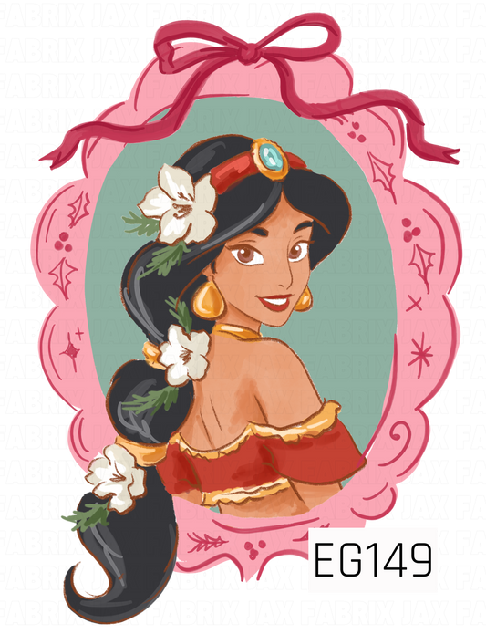 A beautiful storybook princess design featuring a dark-haired princess in a red and gold outfit, accented with white flowers and framed in a whimsical pink scalloped border.
