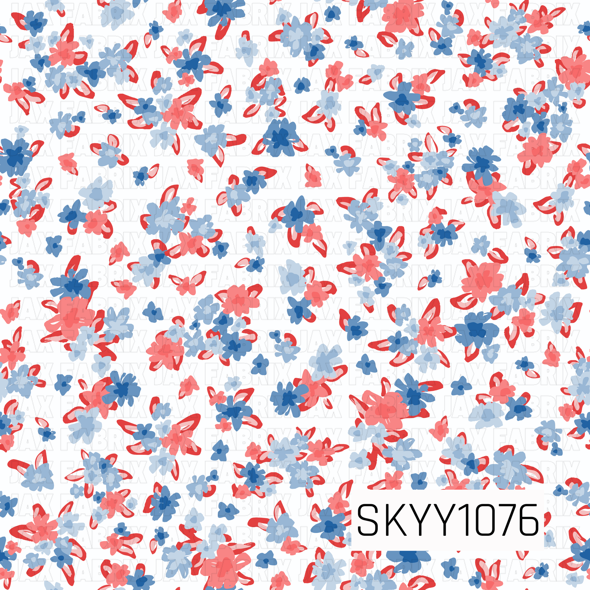 Pattern of dainty red and blue flowers on a white background