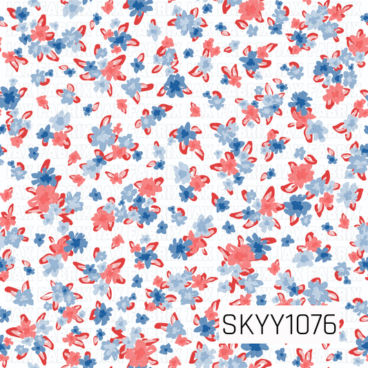 Pattern of dainty red and blue flowers on a white background
