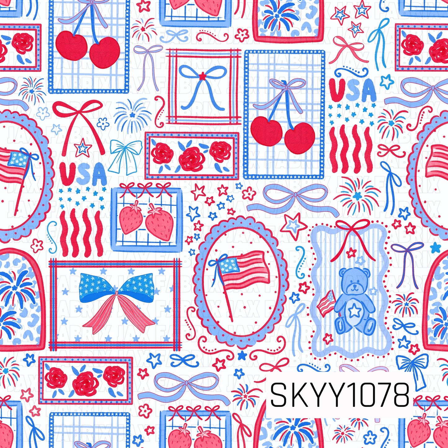 red white and blue frames of squares, ovals and rectangles with cherries flowers, strawberries ,flags ,bears, bows, USA, stars, in and around them