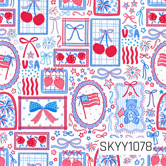 red white and blue frames of squares, ovals and rectangles with cherries flowers, strawberries ,flags ,bears, bows, USA, stars, in and around them