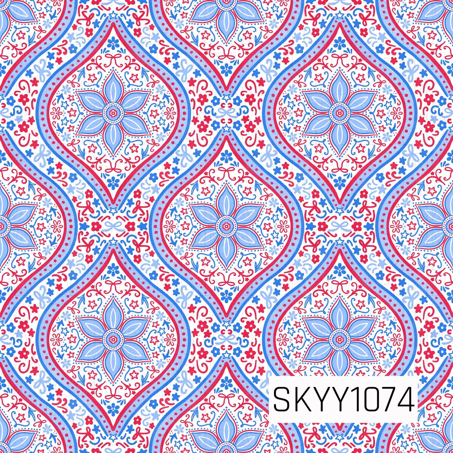 Decorative pattern with blue and red shapes on a white background