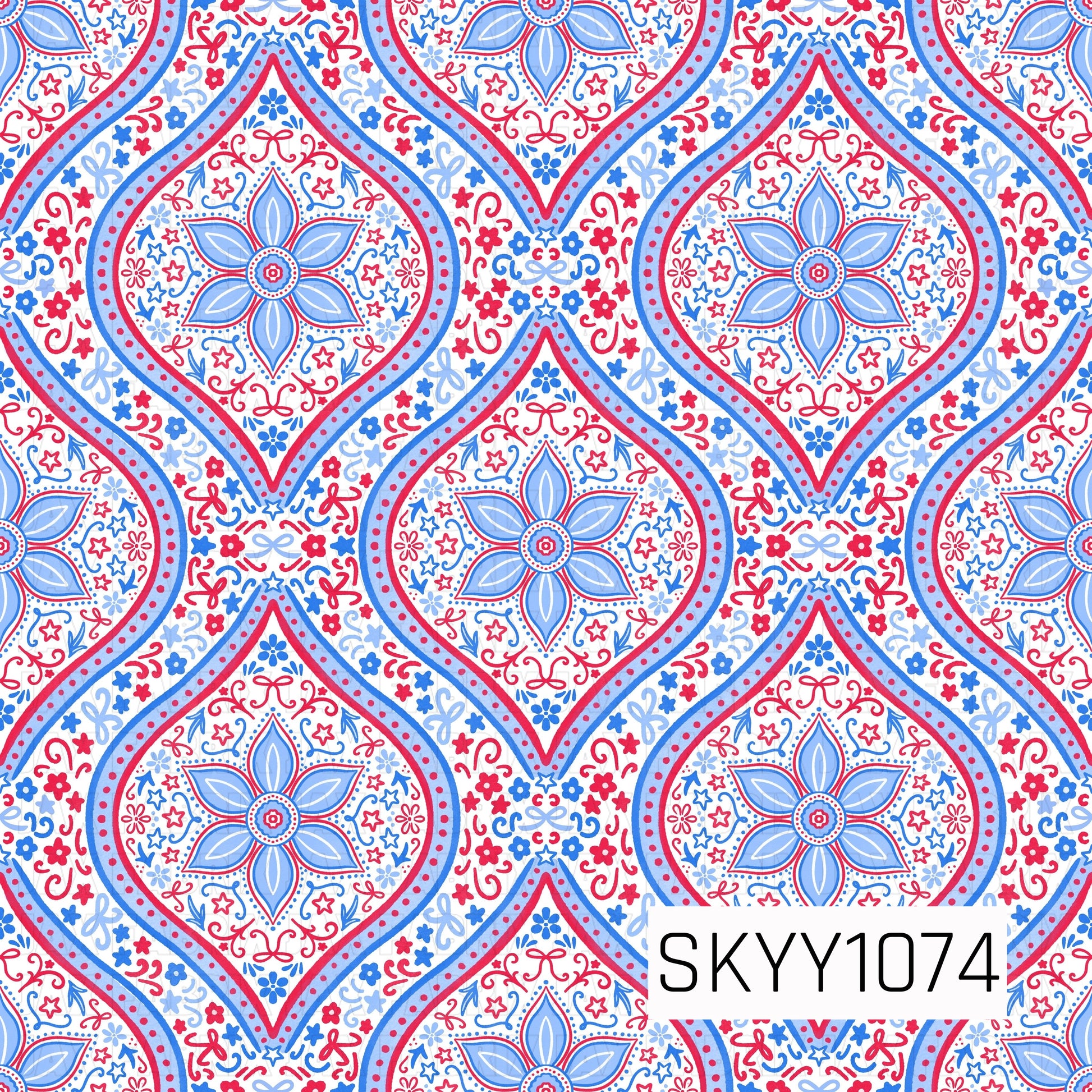 Decorative pattern with blue and red shapes on a white background