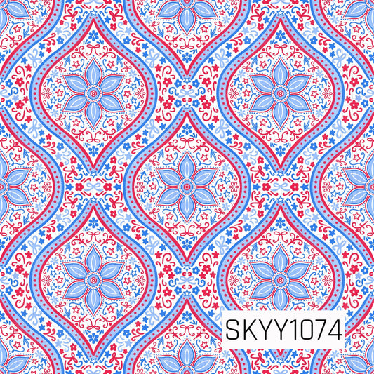 Decorative pattern with blue and red shapes on a white background