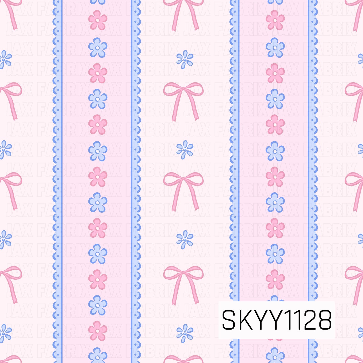 A sweet feminine seamless pattern featuring delicate pink bows, tiny blue floral accents, and vertical bands of alternating pink and blue flowers. Scalloped blue edging adds a dainty lace-inspired detail against the soft blush pink background.
