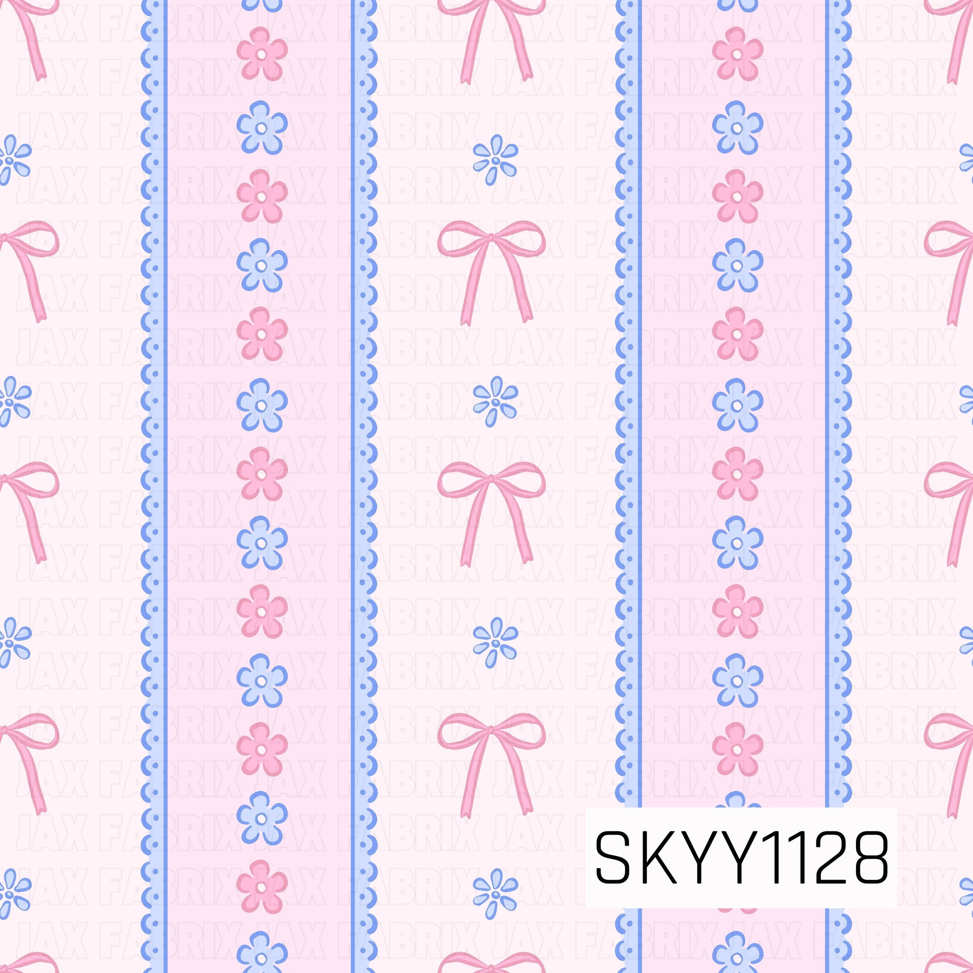 A sweet feminine seamless pattern featuring delicate pink bows, tiny blue floral accents, and vertical bands of alternating pink and blue flowers. Scalloped blue edging adds a dainty lace-inspired detail against the soft blush pink background.
