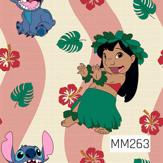 A playful tropical character print featuring a cheerful island girl surrounded by tropical leaves, vibrant red hibiscus flowers, pink waves stripes and a blue alien companion. Set against a soft cream background, the design combines bold tropical elements with whimsical character artwork to create a fun, vacation-inspired pattern full of island charm and adventure.
