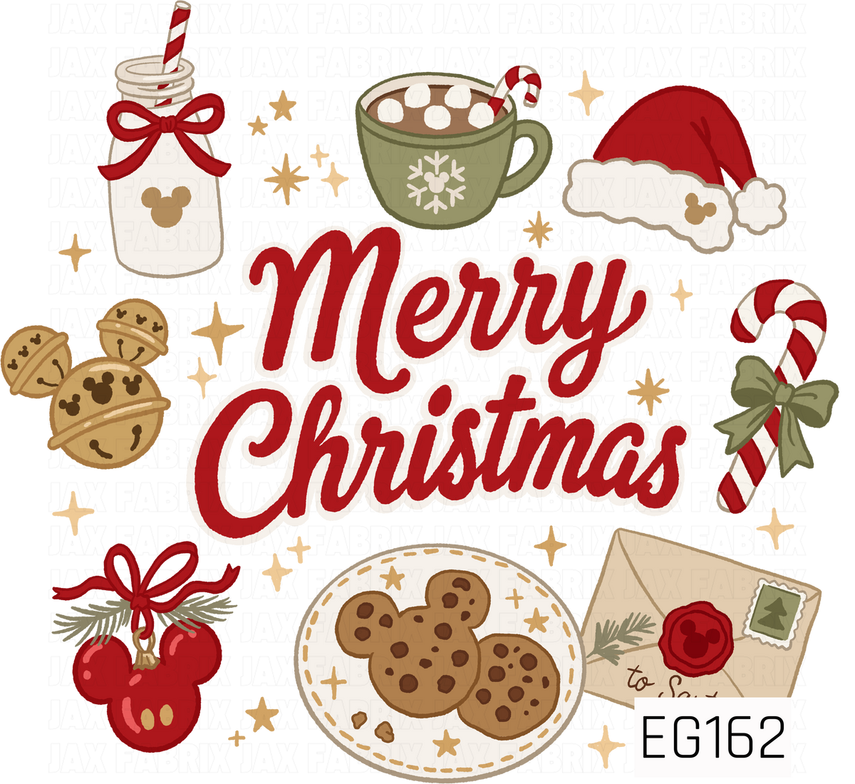 A festive Christmas design featuring holiday treats, candy canes, ornaments, bells, cocoa, cookies, and bows surrounding a cheerful “Merry Christmas” message in classic red, green, and gold tones.
