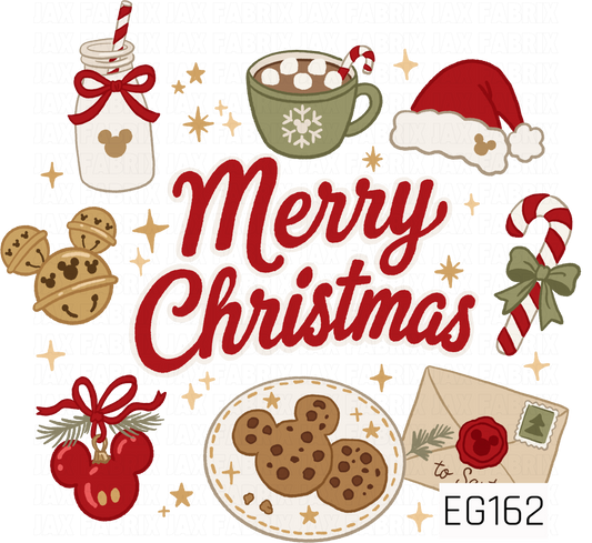 A festive Christmas design featuring holiday treats, candy canes, ornaments, bells, cocoa, cookies, and bows surrounding a cheerful “Merry Christmas” message in classic red, green, and gold tones.

