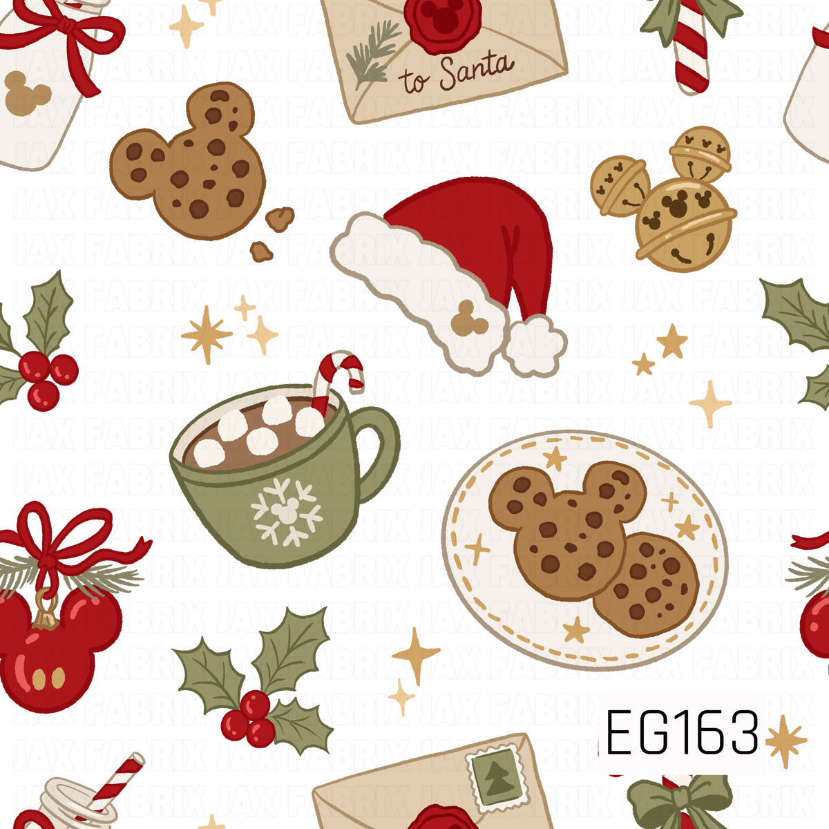 A festive Christmas pattern featuring Santa hats, cocoa, cookies, jingle bells, holly, ornaments, candy canes, and letters to Santa in warm red, green, and gold tones.
