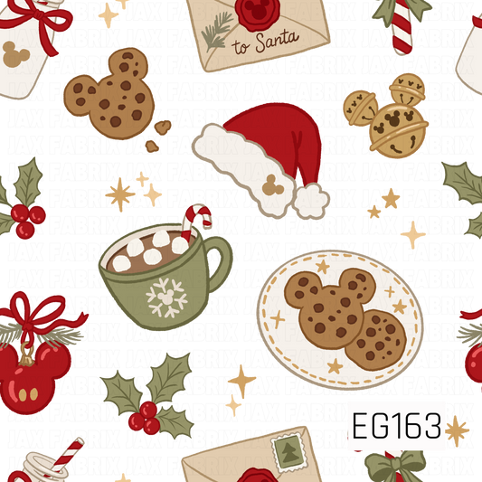 A festive Christmas pattern featuring Santa hats, cocoa, cookies, jingle bells, holly, ornaments, candy canes, and letters to Santa in warm red, green, and gold tones.
