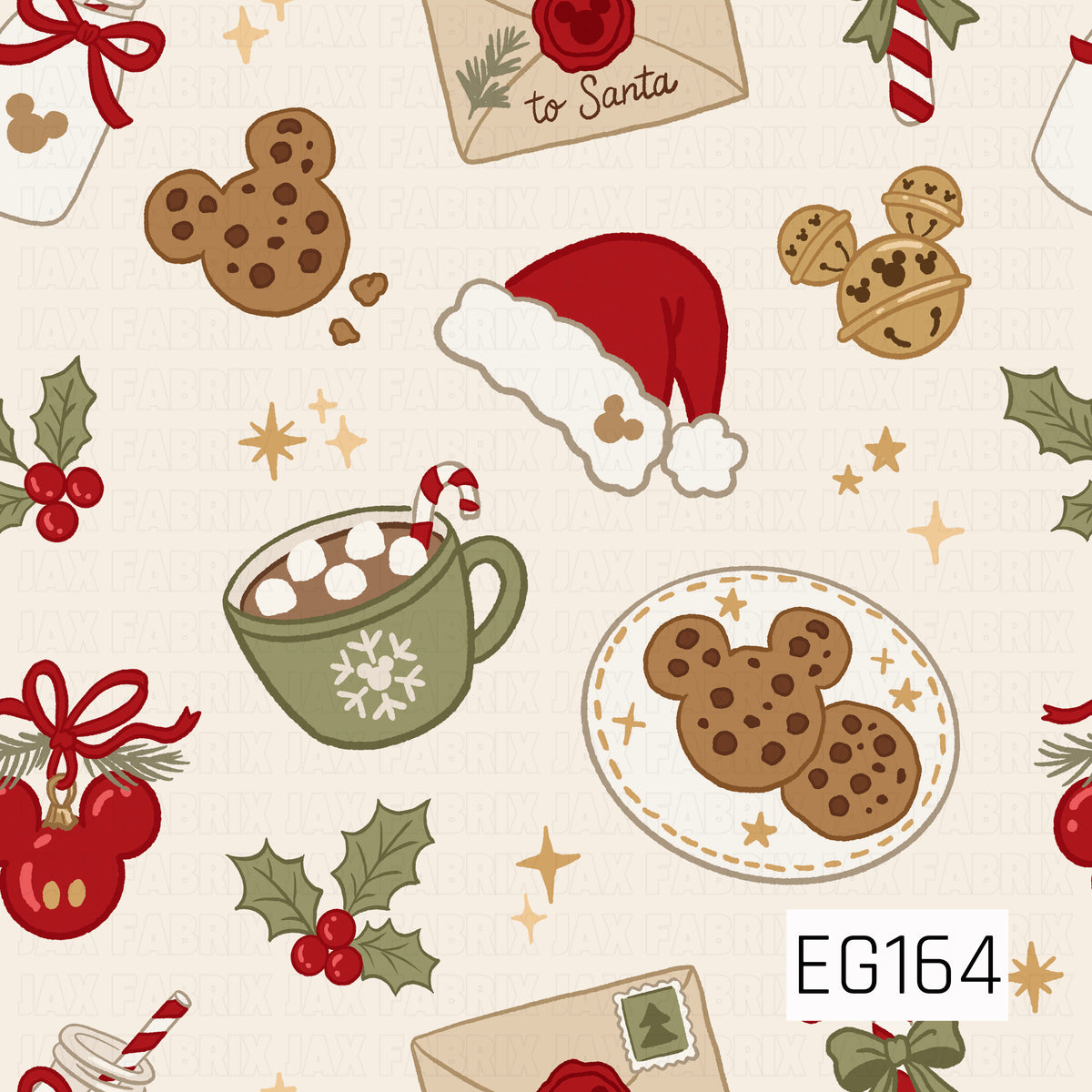 A festive Christmas pattern featuring cookies, cocoa, Santa hats, jingle bells, holly, ornaments, candy canes, and letters to Santa in classic red, green, and gold tones.
