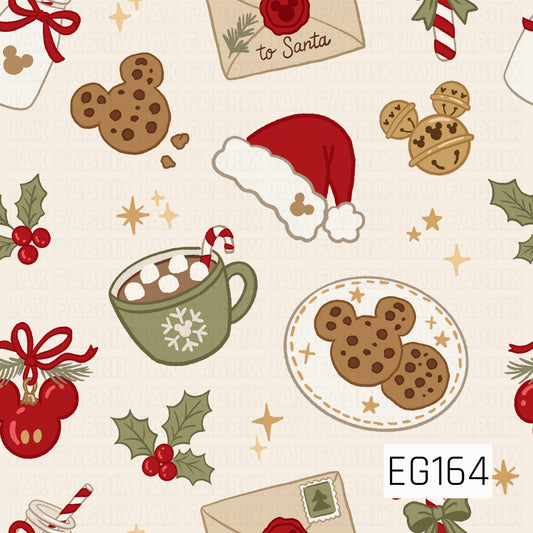 A festive Christmas pattern featuring cookies, cocoa, Santa hats, jingle bells, holly, ornaments, candy canes, and letters to Santa in classic red, green, and gold tones.
