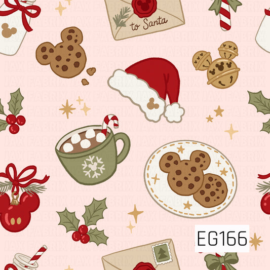 A cozy Christmas pattern featuring a Santa hat, hot cocoa, cookies, jingle bells, holly, ornaments, candy canes, and letters to Santa on a soft blush pink background.
