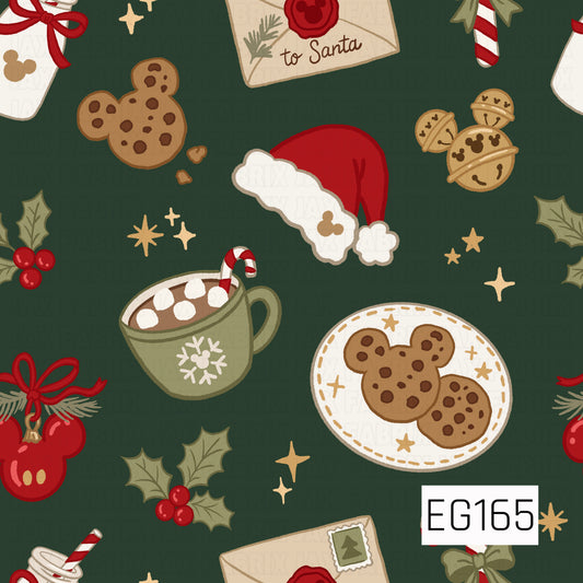 A cozy Christmas pattern featuring a Santa hat, hot cocoa, cookies, jingle bells, holly, ornaments, candy canes, and letters to Santa on a deep green background.
