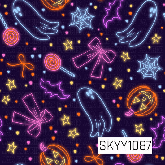 A vibrant seamless Halloween pattern featuring glowing neon-style ghosts, bows, jack-o'-lanterns, spider webs, bats, lollipops, stars, and colorful confetti hearts on a deep purple background. The bright pink, orange, blue, and yellow neon accents create a fun, retro-inspired design with a playful spooky vibe.
