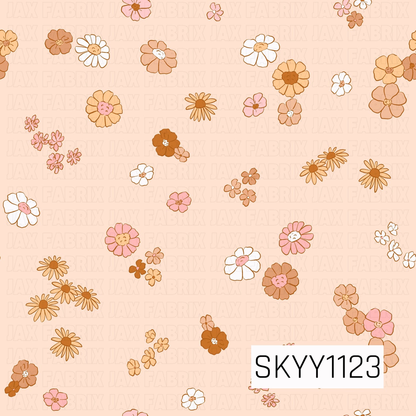 A playful scattered floral seamless pattern featuring hand-drawn daisies and petite blossoms in warm caramel, peach, soft pink, cream, and white. The light peach background and whimsical mix of flower shapes give the design a sweet, retro-inspired fall feel.
