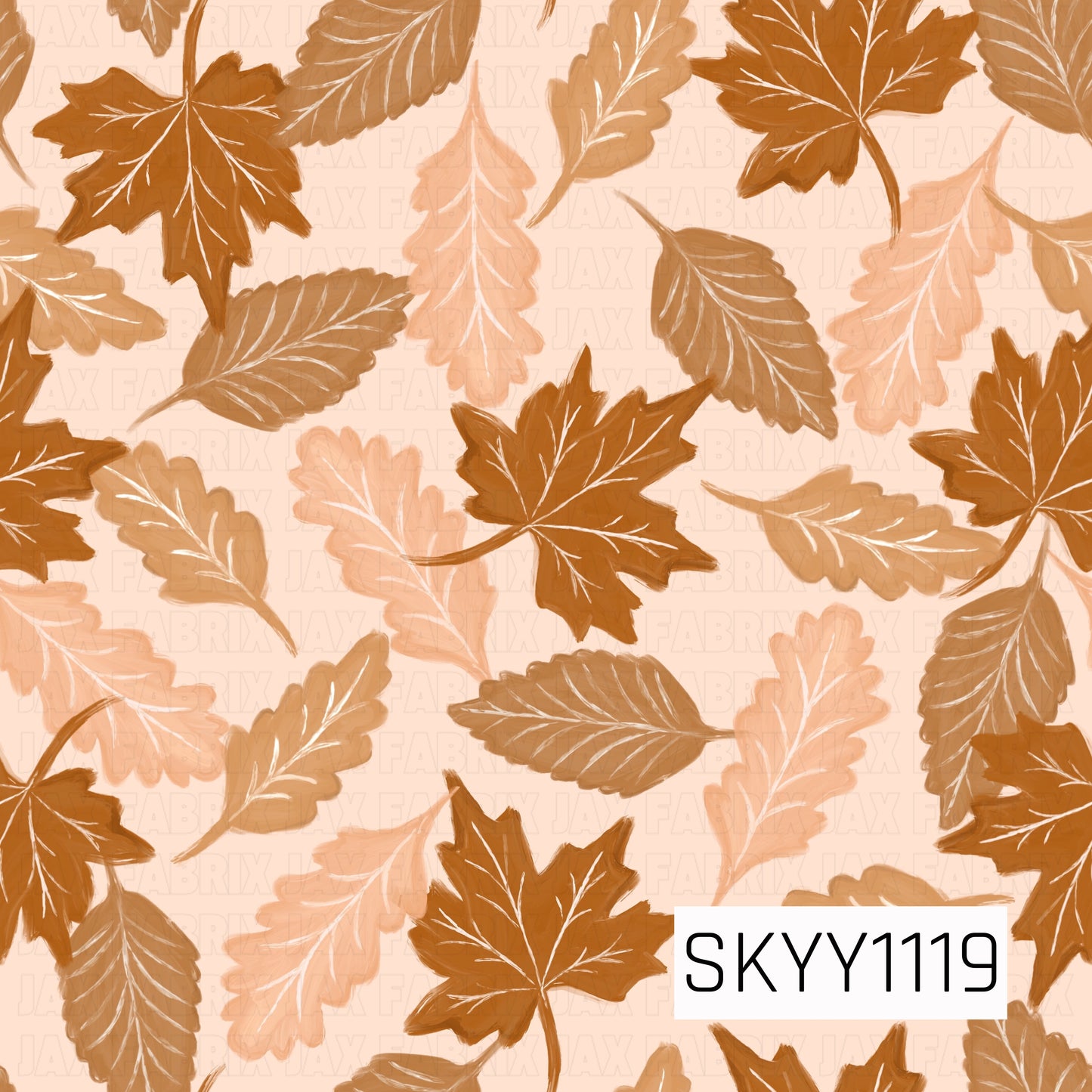 A warm autumn seamless pattern featuring hand-painted maple, oak, and assorted fall leaves scattered across a soft peach background. Rich shades of burnt orange, caramel brown, tan, and muted peach create a cozy, earthy seasonal look with delicate contrasting leaf veins.
