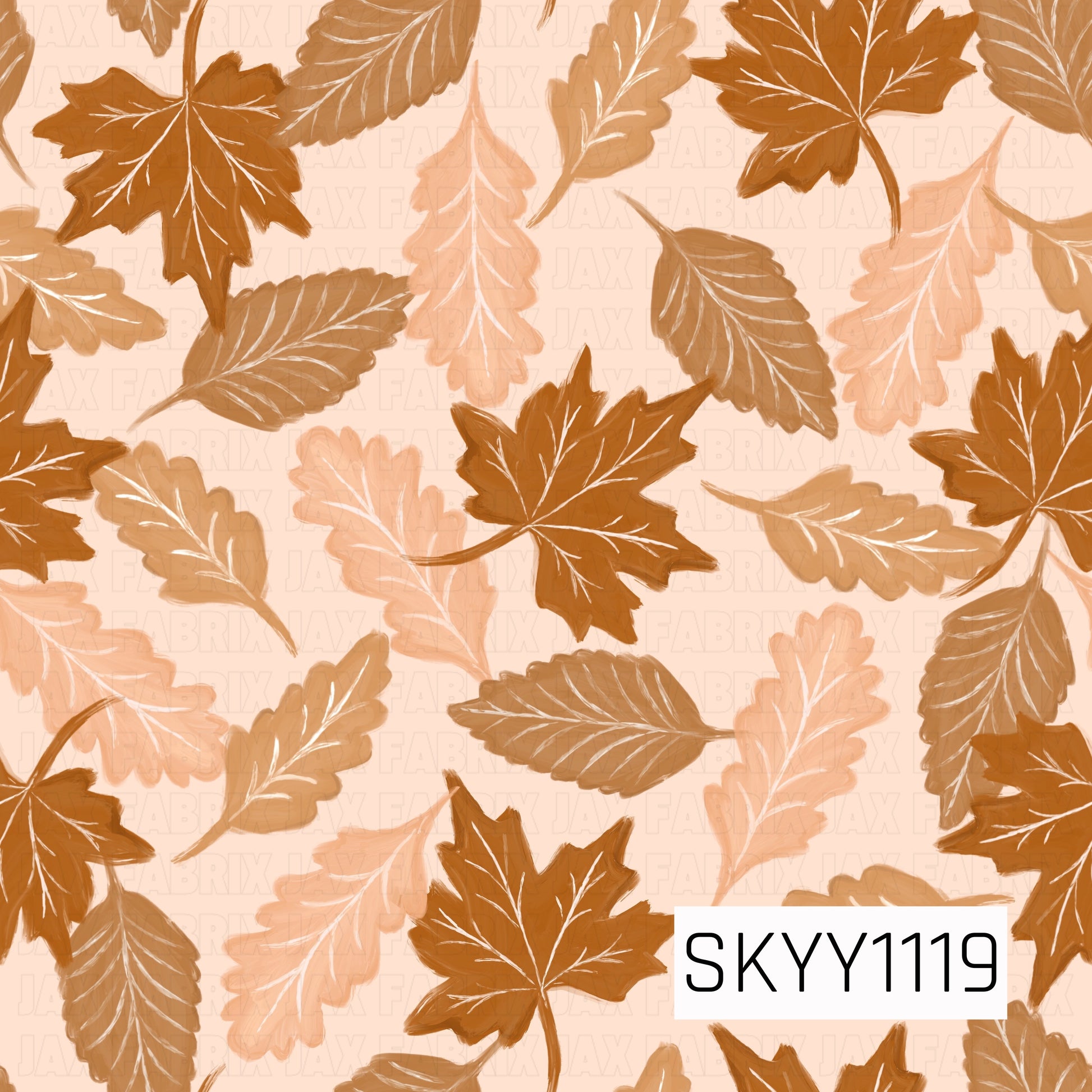 A warm autumn seamless pattern featuring hand-painted maple, oak, and assorted fall leaves scattered across a soft peach background. Rich shades of burnt orange, caramel brown, tan, and muted peach create a cozy, earthy seasonal look with delicate contrasting leaf veins.
