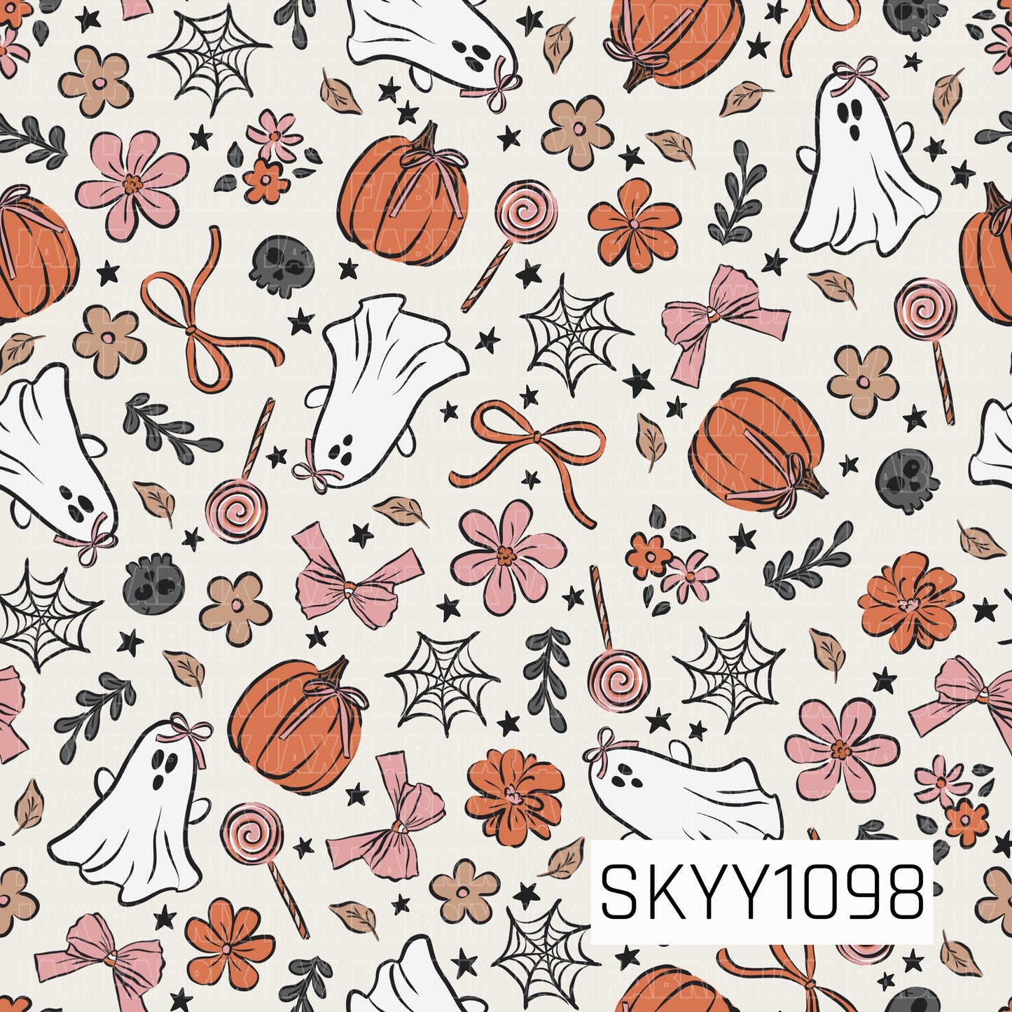 A charming seamless Halloween pattern featuring adorable white ghosts with tiny pink bows, warm orange pumpkins tied with ribbon, delicate pink flowers, lollipops, spider webs, bows, black skulls, scattered leaves, and sprigs of greenery on a soft cream background. The muted palette of blush pink, orange, black, and ivory creates a cozy, vintage-inspired Halloween design with a sweet, whimsical feel.
