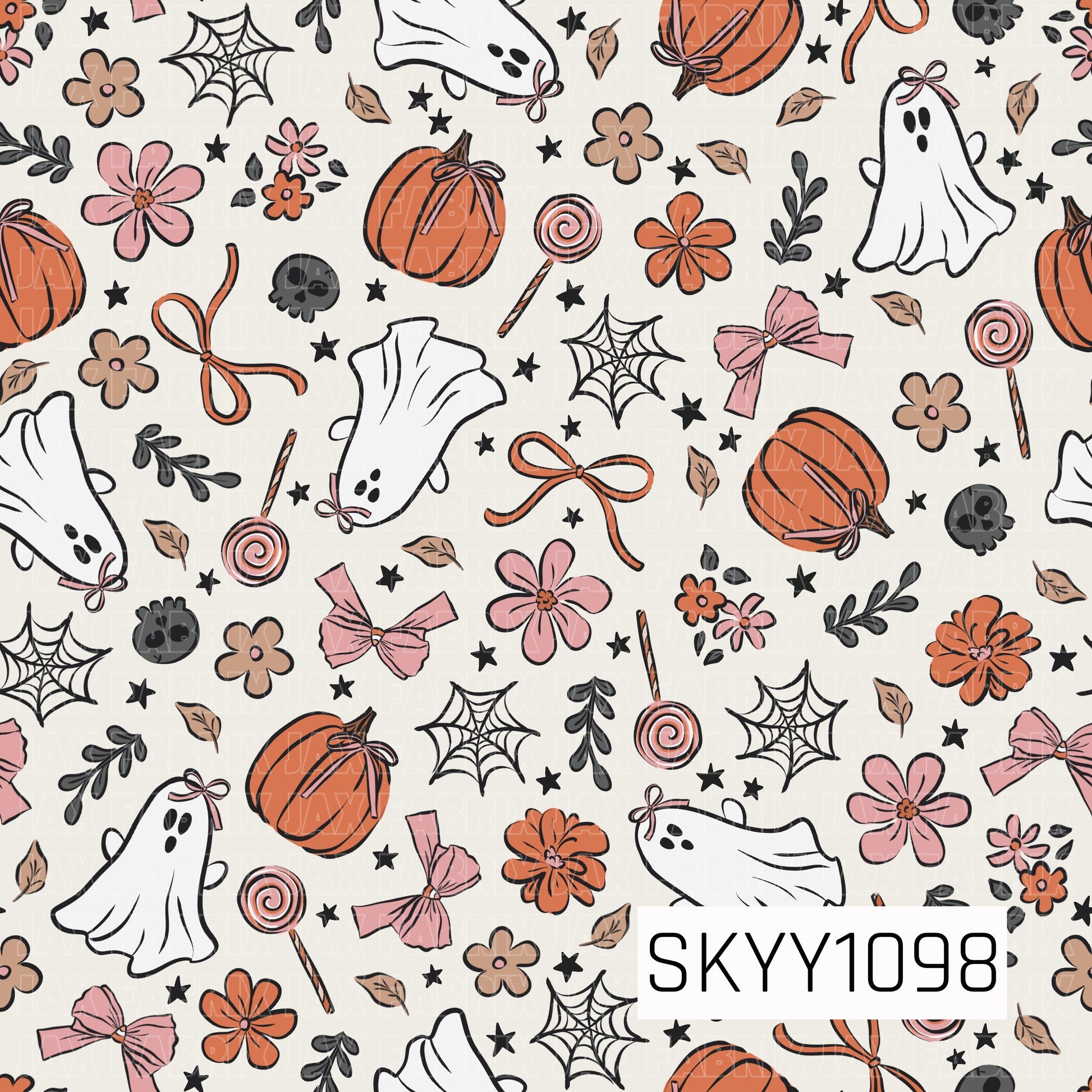 A charming seamless Halloween pattern featuring adorable white ghosts with tiny pink bows, warm orange pumpkins tied with ribbon, delicate pink flowers, lollipops, spider webs, bows, black skulls, scattered leaves, and sprigs of greenery on a soft cream background. The muted palette of blush pink, orange, black, and ivory creates a cozy, vintage-inspired Halloween design with a sweet, whimsical feel.
