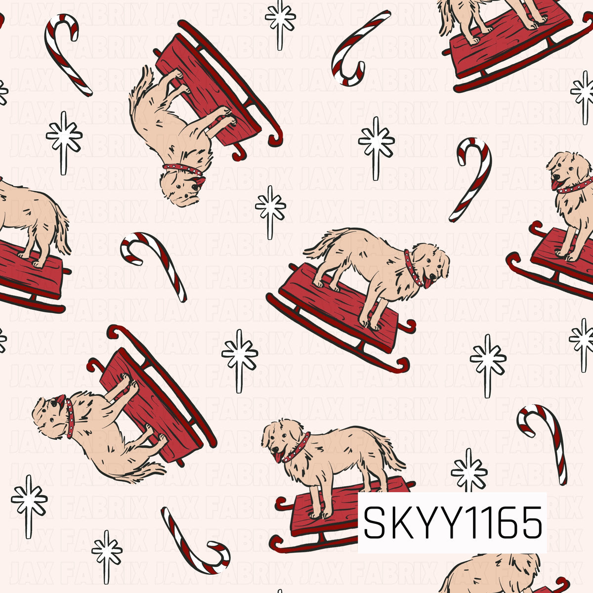 A playful Christmas pattern featuring golden retrievers riding bright red sleds, surrounded by candy canes and whimsical snowflakes. The soft cream background keeps the design light and neutral while the pops of classic red add a festive holiday feel.