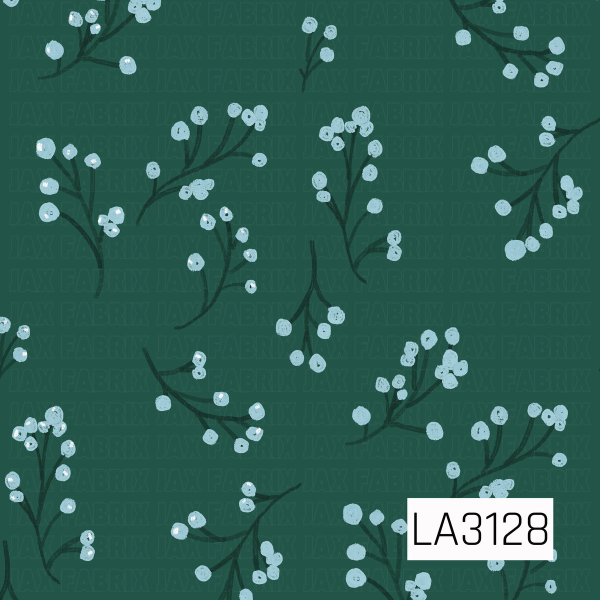 A winter berry pattern featuring icy blue berries scattered along dark evergreen branches on a deep forest green background. Small touches of white add a lightly snow-dusted look, with a simple hand-drawn, textured finish.
