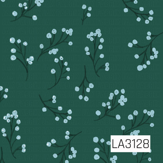 A winter berry pattern featuring icy blue berries scattered along dark evergreen branches on a deep forest green background. Small touches of white add a lightly snow-dusted look, with a simple hand-drawn, textured finish.
