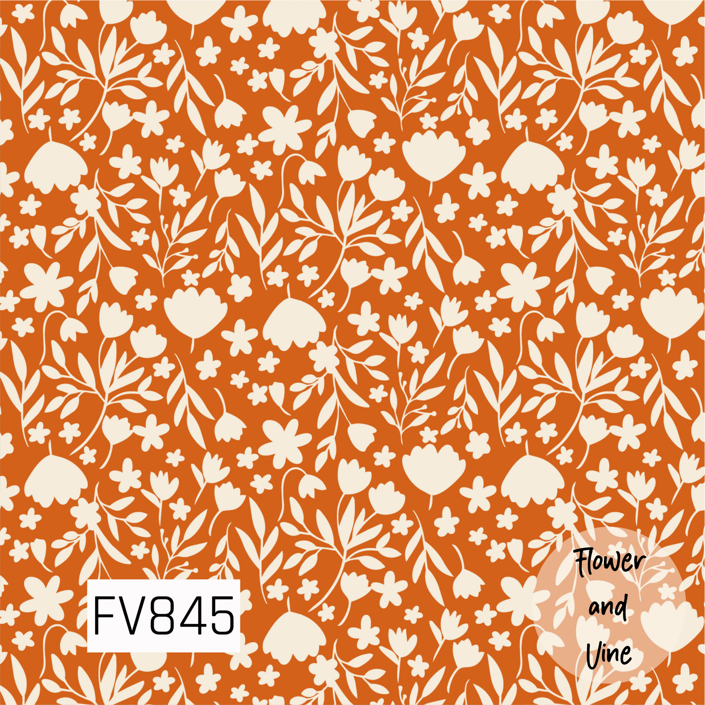 A warm botanical print featuring cream flowers, leafy branches, and delicate floral sprigs scattered across a rich burnt orange background. The simple silhouette-style florals give the design a cozy, retro-inspired feel that is perfect for fall and autumn projects.
