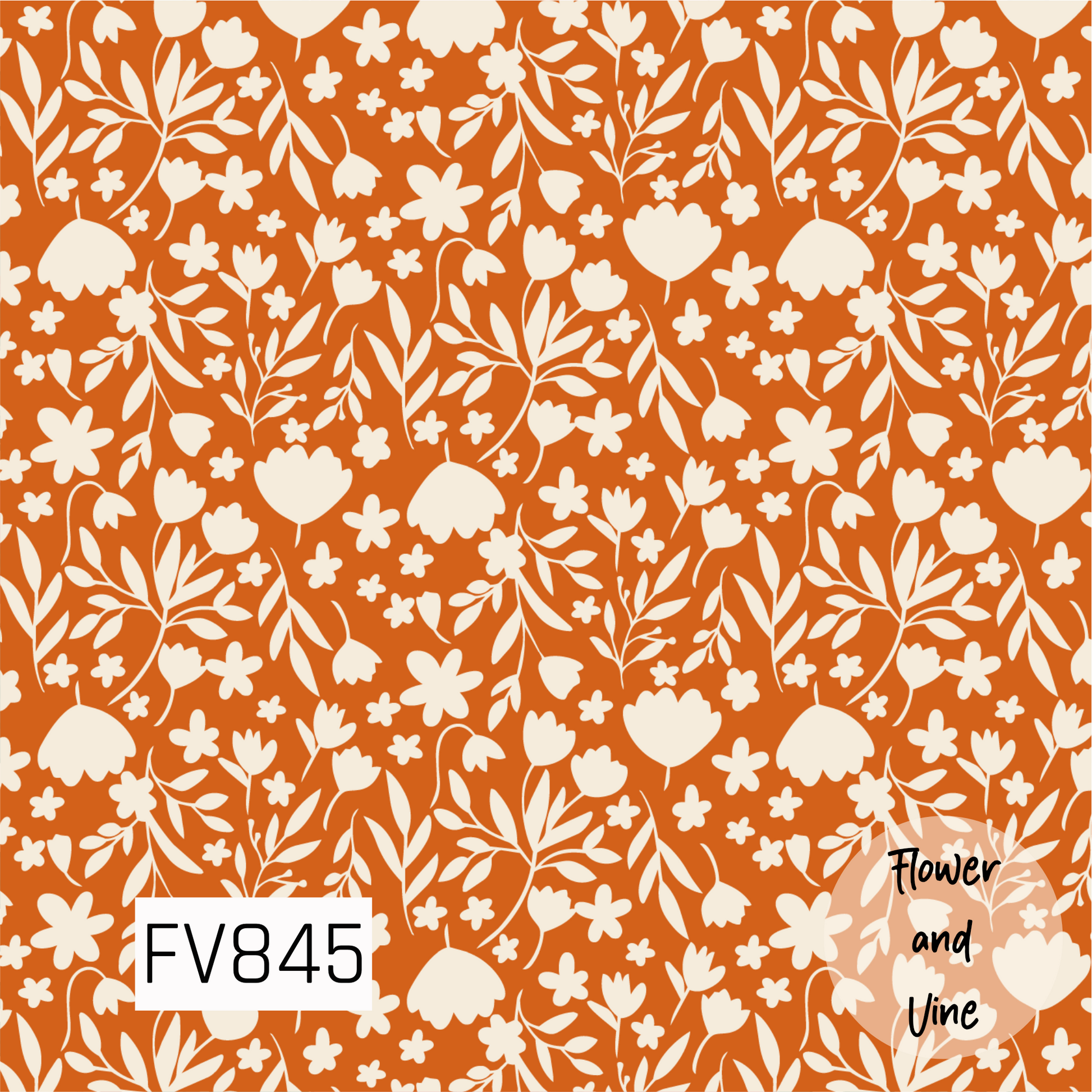 A warm botanical print featuring cream flowers, leafy branches, and delicate floral sprigs scattered across a rich burnt orange background. The simple silhouette-style florals give the design a cozy, retro-inspired feel that is perfect for fall and autumn projects.
