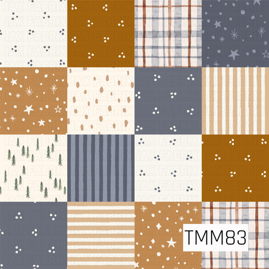 A cozy patchwork pattern featuring a mix of watercolor plaid, stripes, scattered pine trees, tiny florals, speckled prints, and whimsical star accents. Warm mustard and tan are paired with dusty slate blue, deep green, rust brown, and cream for a muted vintage-inspired look.
