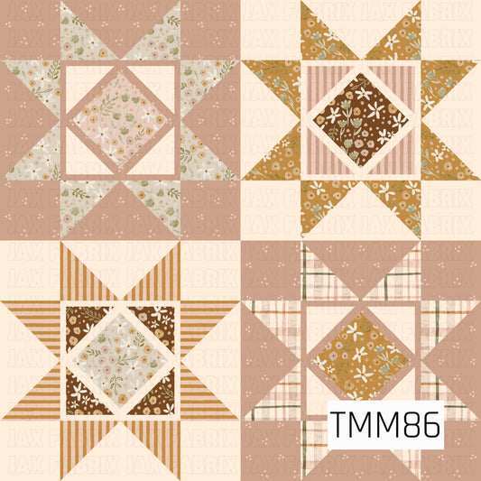 A cozy quilt-inspired geometric pattern featuring repeating star and diamond blocks filled with delicate florals, stripes, plaid, and tiny ditsy details. Soft blush pink, warm mustard, chocolate brown, sage green, and cream create a muted vintage palette with a charming handcrafted feel.

