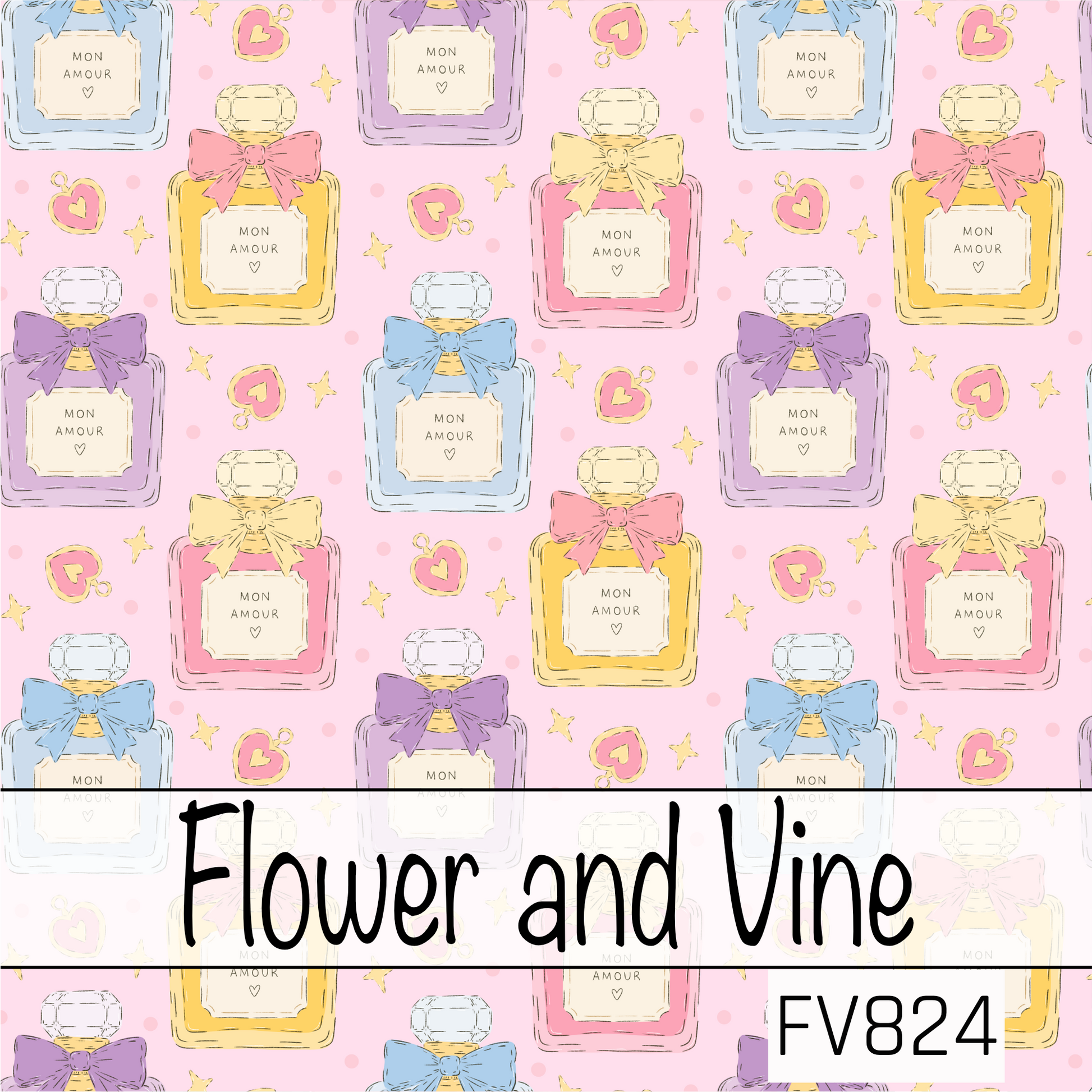 A darling seamless pattern featuring pastel perfume bottles topped with oversized bows, accented by sparkling stars, tiny hearts, and playful polka dots on a soft pink background. The sweet color palette of blush, lavender, blue, and buttery yellow gives this design a fun, feminine, and boutique-inspired feel.
