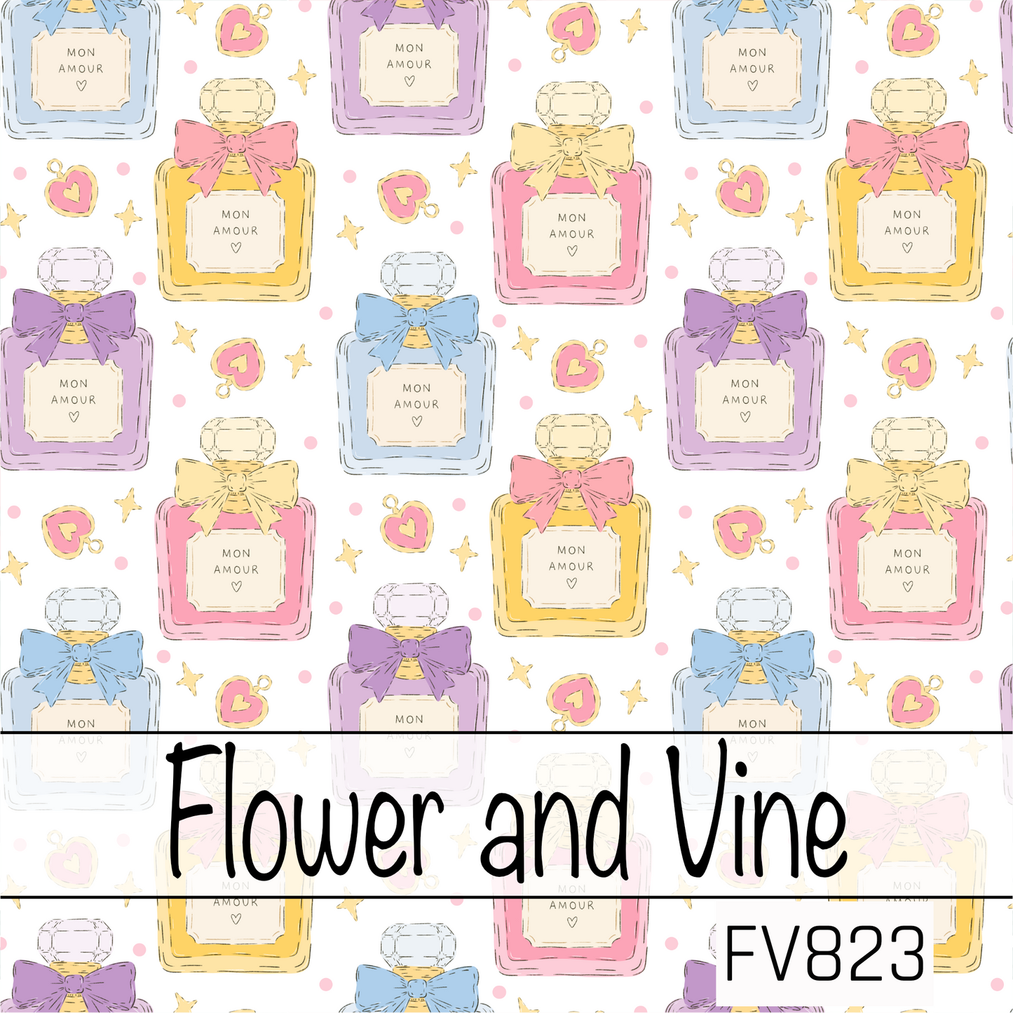 A chic seamless pattern featuring pastel perfume bottles tied with oversized bows, paired with dainty hearts, sparkles, and soft pink polka dots on a crisp white background. The fresh white backdrop makes the playful shades of pink, lavender, blue, and buttery yellow pop for a sweet, feminine look.
